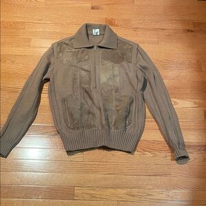 Men's Taupe Suede and Knit Zip-Up Sweater